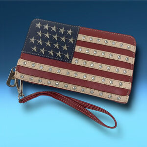 NEW Montana West United States Flag Zip Around Wallet Wristlet Studded USA NWOT